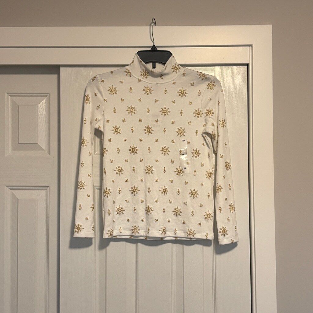 Karen Scott Small Petite Mock-Neck Gold Glitter Snowflake Long Sleeve Top NWT.