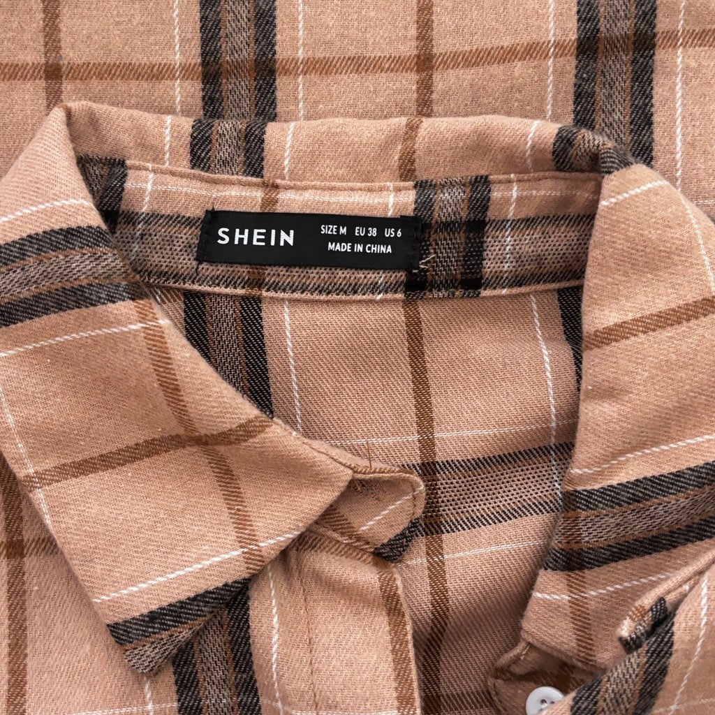 Shein Women's Size Medium Beige & Brown Plaid Button-Down Collard Shirt NIB