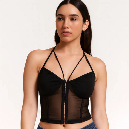 SHEIN Size Large Black Mesh Corset Halter Corset Top w/ Sheer Back NWT