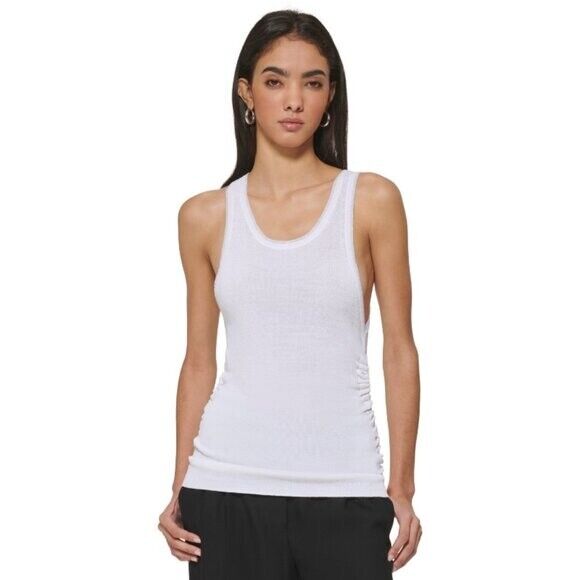 DKNY Women's Medium White Ruched Scoop-Neck Metallic-Trim Tank Top NWT