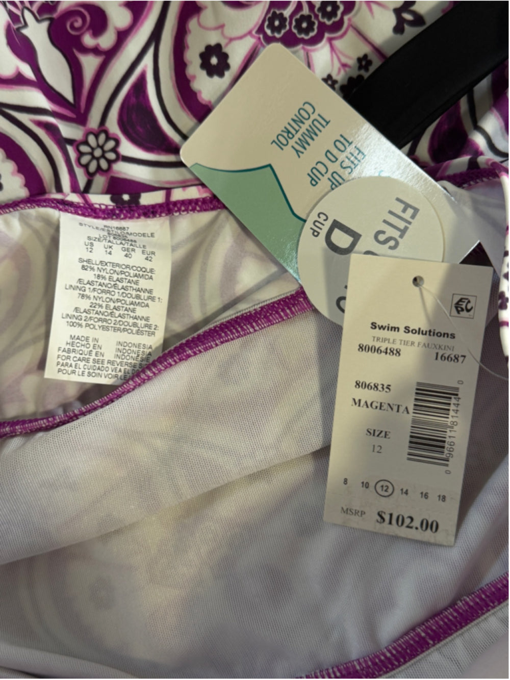 Swim Solutions Women's 12 Purple & White Printed Tiered One-Piece Swimsuit NWT