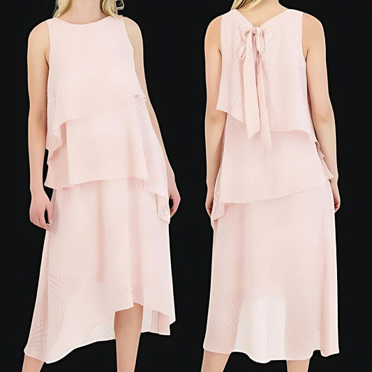 Donna Ricco Tiered Dress Boat-Neck Sleeveless Asymmetrical Design Pink W 6 NWT
