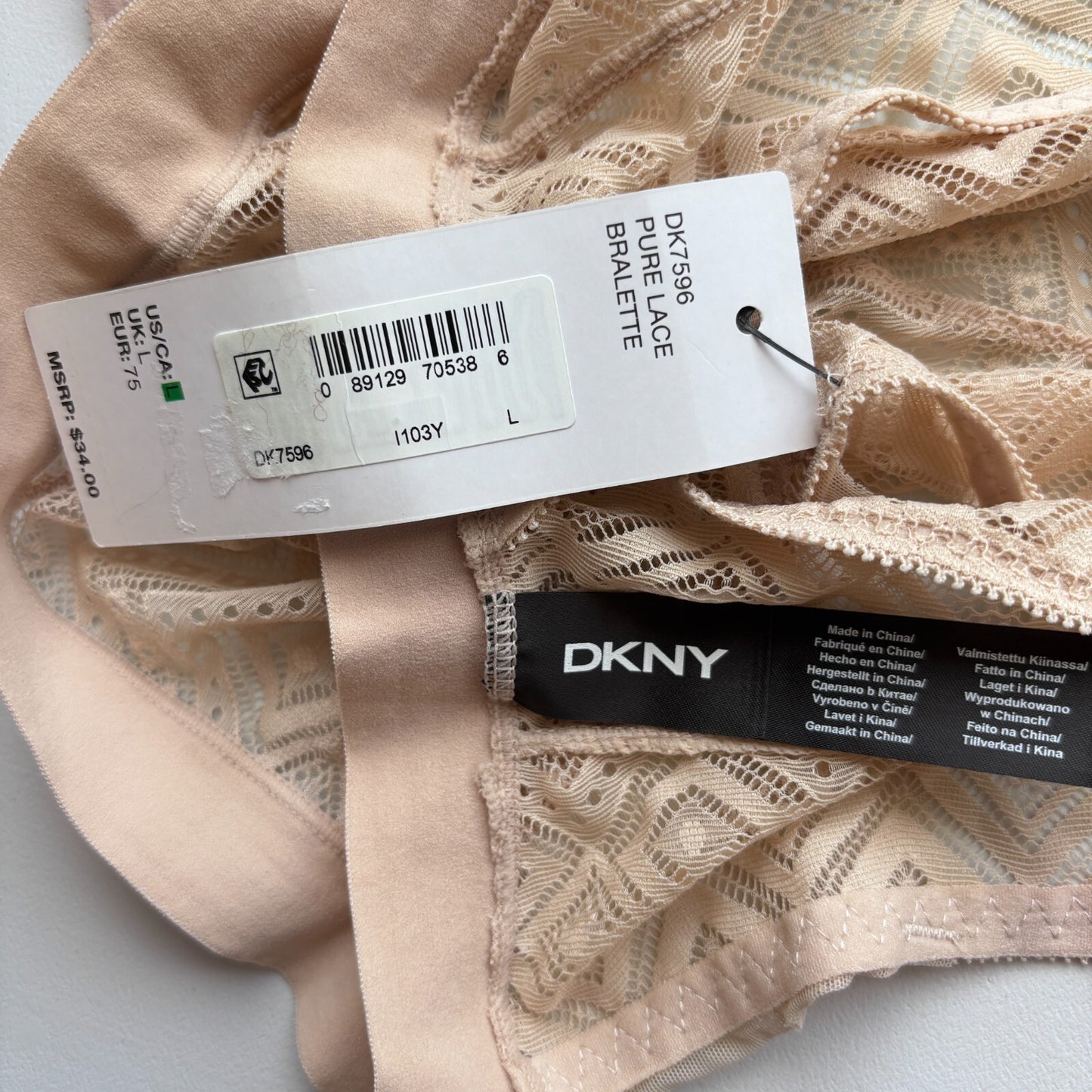 DKNY Women's Beige Lace Bralette w/ Stretchy Lace & Elastic Band Support NWT