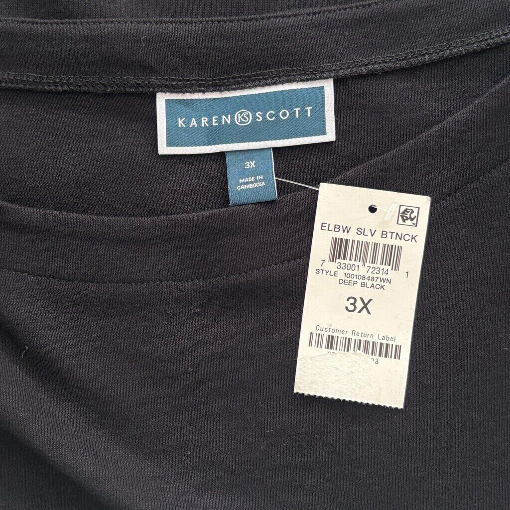 Karen Scott Women's Plus Size 100% Cotton Black Elbow-Sleeve Top NWT