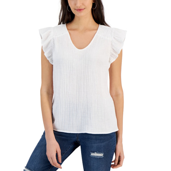 Style & Co White Ruffle Sleeve V-Neck Flutter-Sleeve Blouse Top NWT