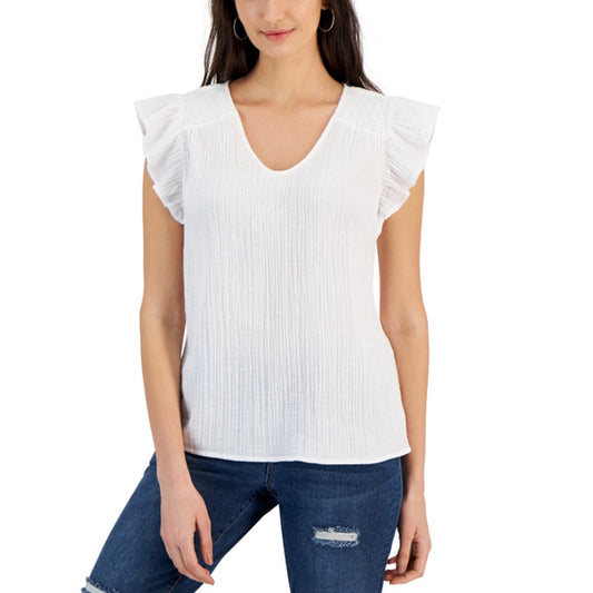 Style & Co Small White Ruffle Sleeve V-Neck Flutter-Sleeve Blouse Top NWT