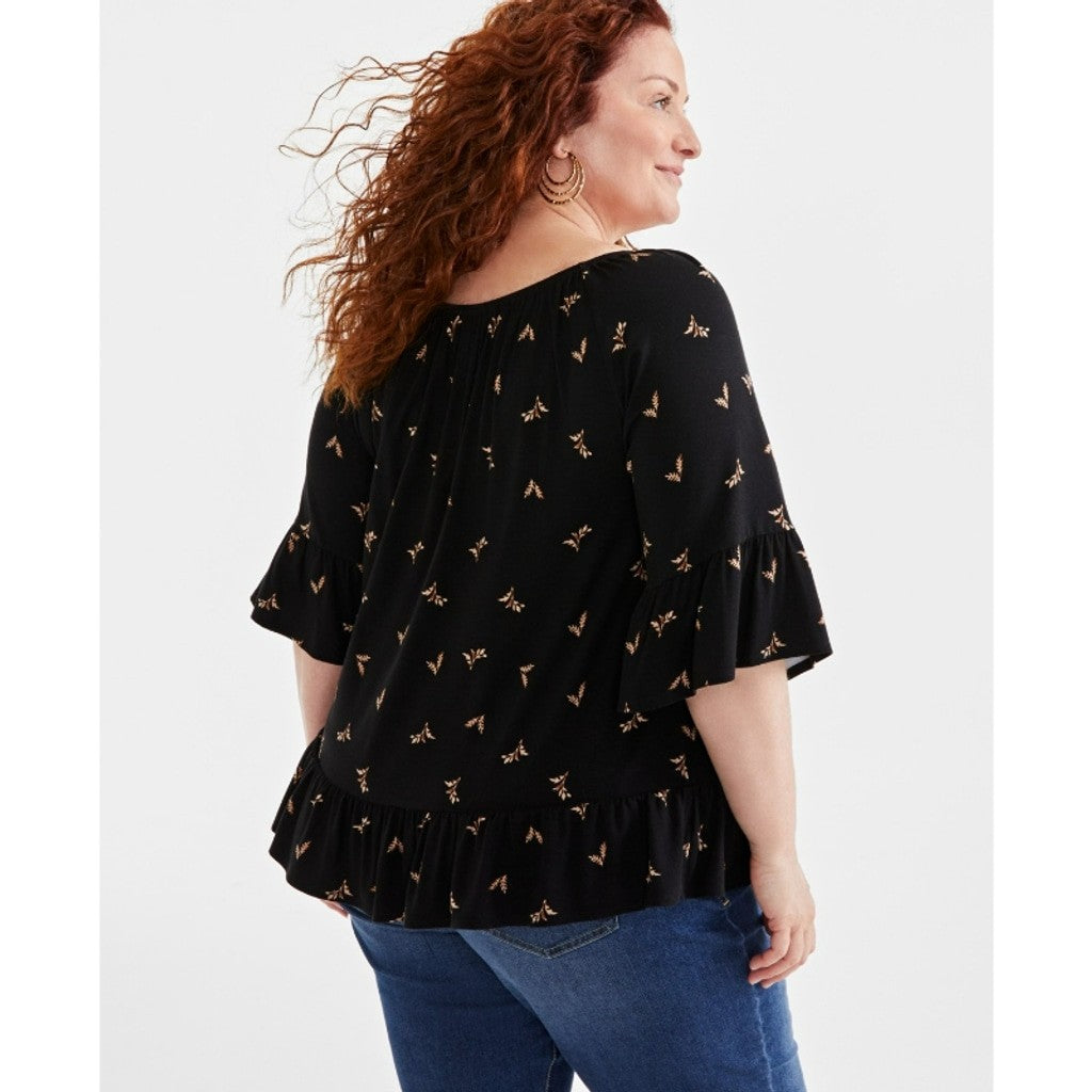 Style & Co Plus Size Black Floral Peasant Blouse, 3/4-Sleeve Top NWT