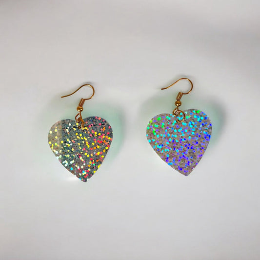 Women's Silver Heart that are Rainbow Iridescent Earrings NWT