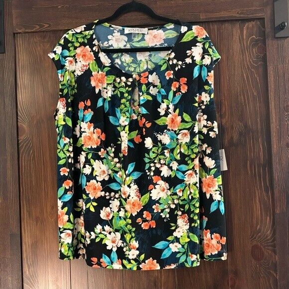 KASPER Plus Size 3X Floral-Print Keyhole Cap Sleeve Stretchy Top NWT