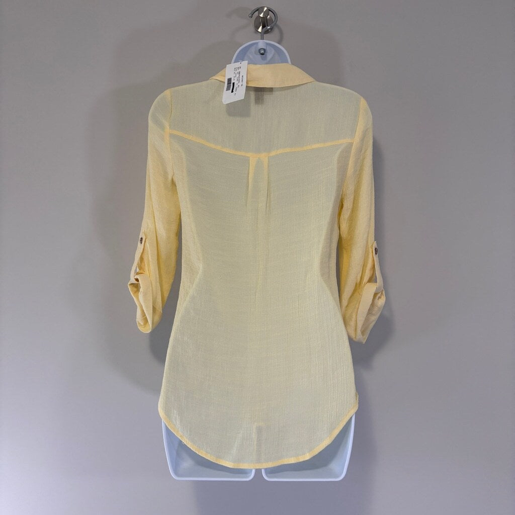 BCX Juniors' Size XS Yellow V-Neck Fold-Collar 3/4-Sleeve Utility Shirt NWT