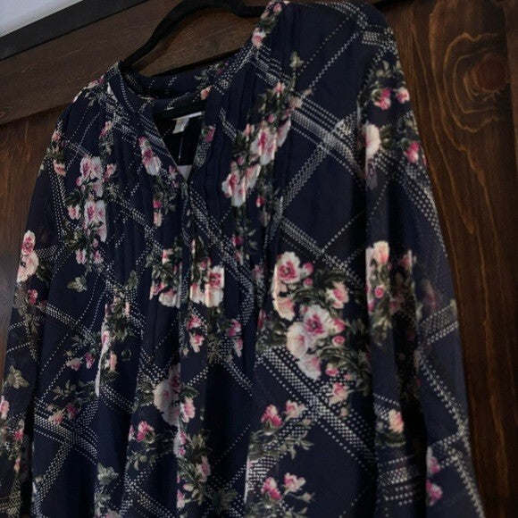 Charter Club Women's Size Small Navy Etching Garden Pink Floral Print Top NWT