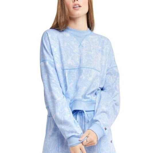 CHAMPION Women's XXL Campus-Print French Terry Crewneck Blue and White Sweater NWT