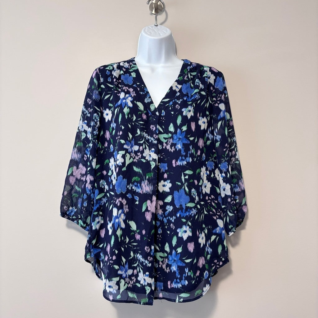 Jones New York Women's Petite Small Blue Floral-Print V-Neck 3/4-Sleeve Top NWT