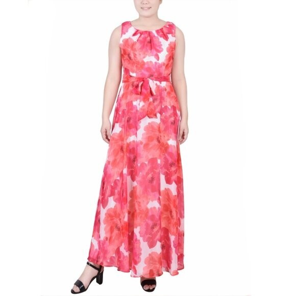 NY COLLECTION Large Petite Sleeveless Belted Chiffon Pink Floral Maxi Dress NWT