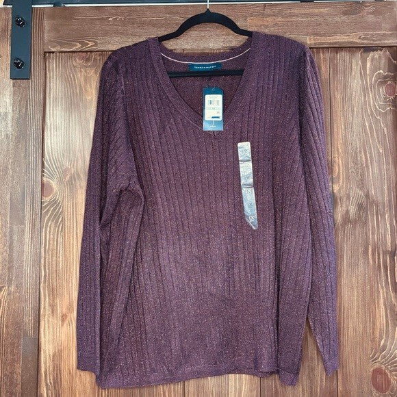 TOMMY HILFIGER Plus Size 1X Burgandy Ribbed Metallic-Threaded Sweater NWT