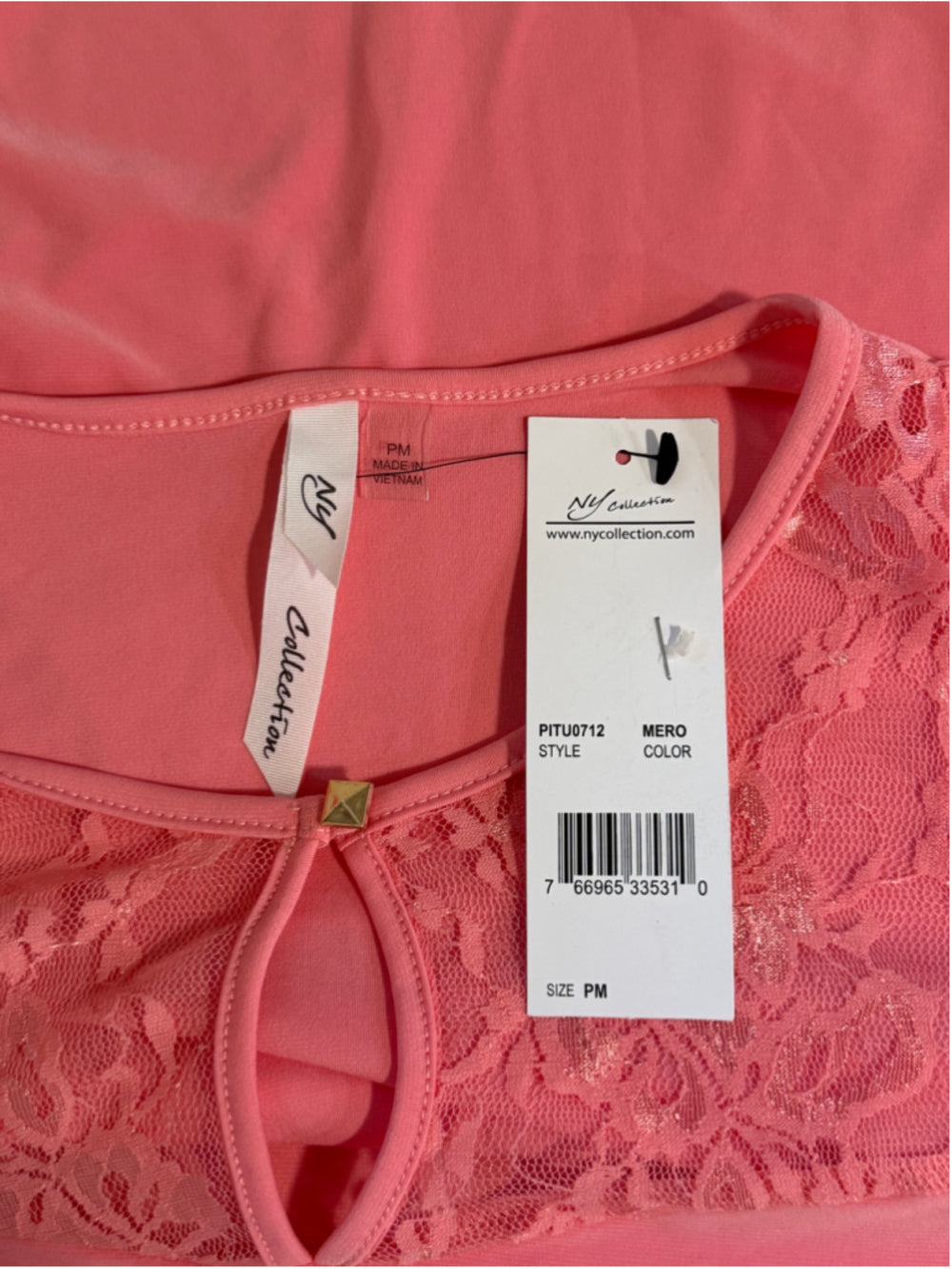 NY Collection Women's Medium Petite Pink Puff Lace Sleeve Top NWT