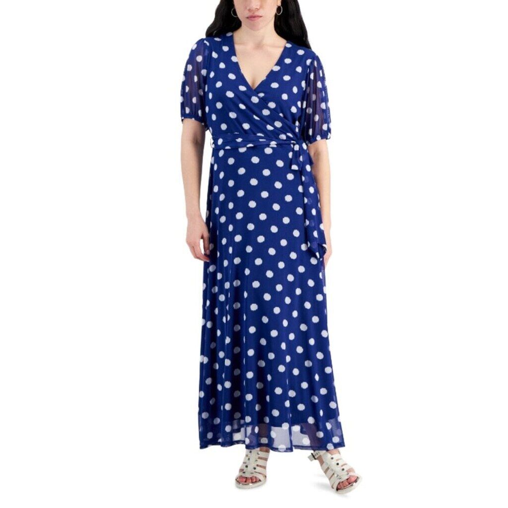 Jamie & Layla Petite Large Blue and White Polka Dot Faux-Wrap Maxi Dress NWT