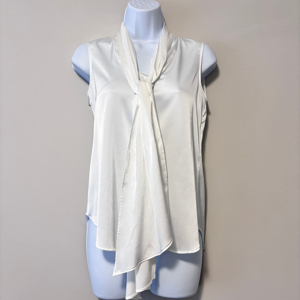 Bar III Women's Size XXS White Tie-Neck Sleeveless Satin Blouse NWT