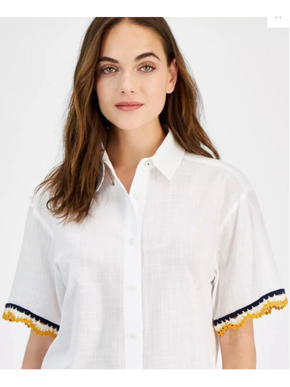 Nautica Size Extra Small White Short-Sleeve Crochet-Trim 100% Cotton Shirt NWT