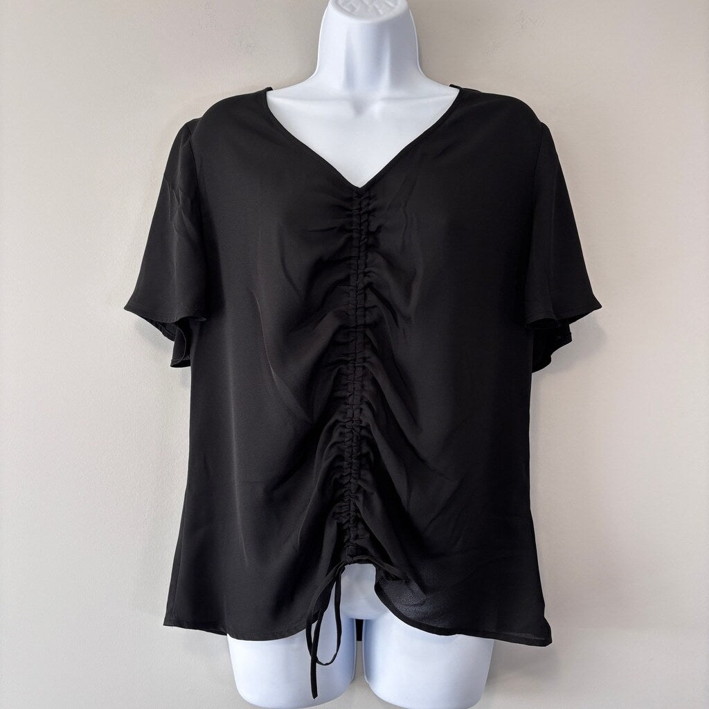 INC International Concepts Medium Black Ruched-Front Short-Sleeve Top NWT