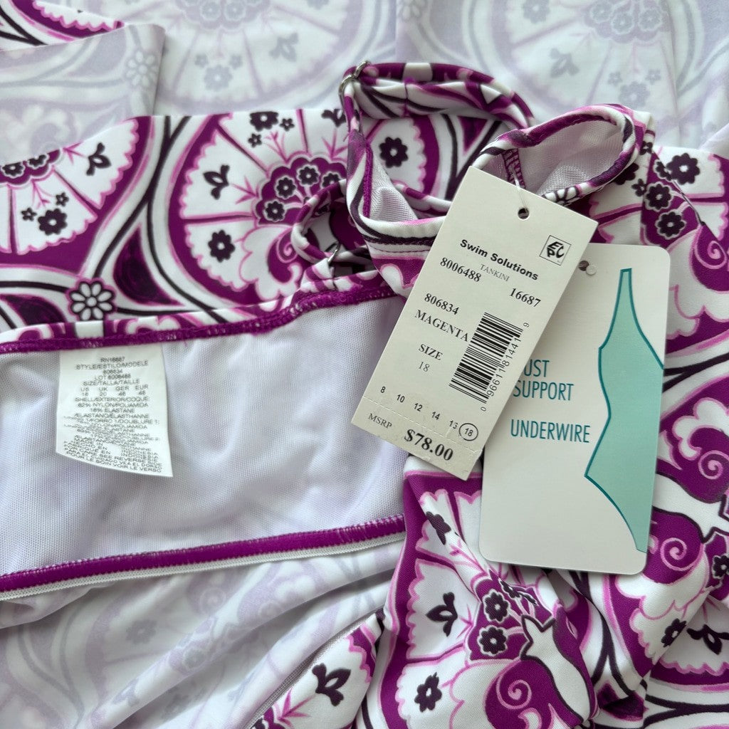 Swim Solutions Women's Plus Size Purple & White V-Neck Tankini Top NWT