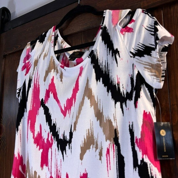 JM Collection Petite Medium Cold-Shoulder Pink, White & Black Printed Top NWT