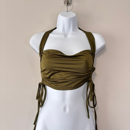 SHEIN Women's Medium Olive Green Crop Top Ruched Side Tie Halter Tank Top NIB
