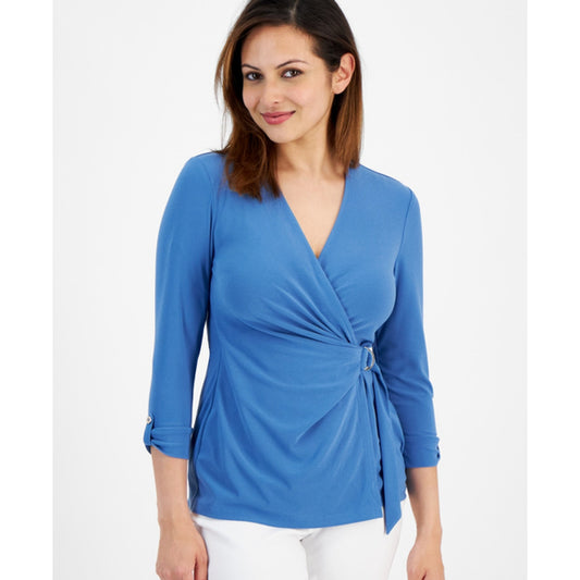 Jones New York Women's Petite Light Blue D-Ring 3/4-Sleeve Top NWT