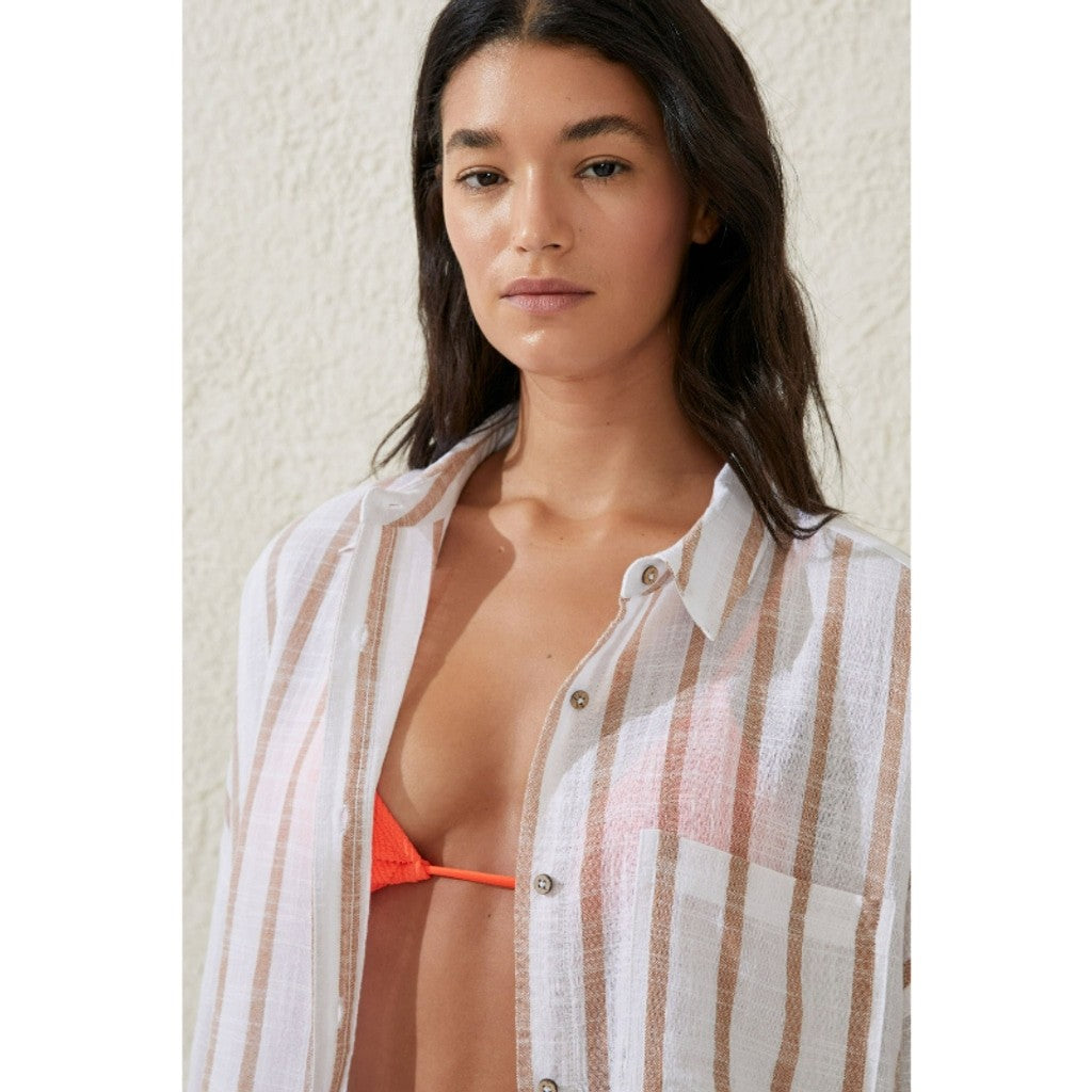 Cotton On Women's Large Brown White Striped Swing Beach Cover Up Shirt NWT