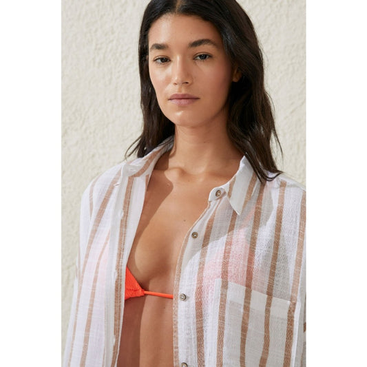 Cotton On Women's Large Brown White Striped Swing Beach Cover Up Shirt NWT