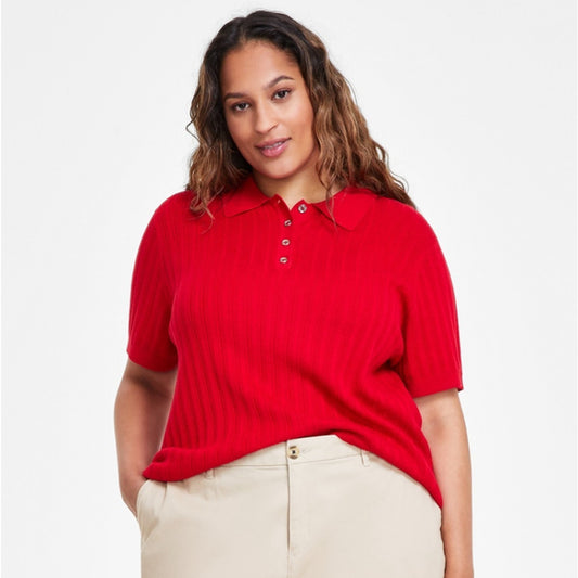 Tommy Hilfiger Plus Size 3X Red Ribbed Short-Sleeve Polo Sweater Top NWT