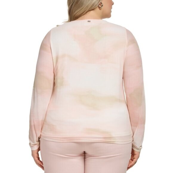 CALVIN KLEIN Plus Size Pink Asymmetrical-Neck Ruched Long-Sleeve Top NWT