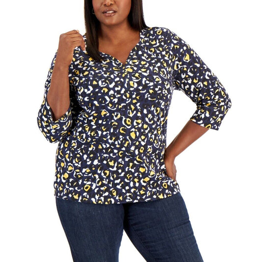 Karen Scott Women's Plus Size 0X Navy & Yellow Leopard-Print Henley Top NWT