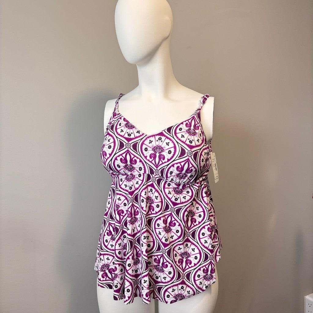 Swim Solutions Women's Plus Size Purple & White V-Neck Tankini Top NWT