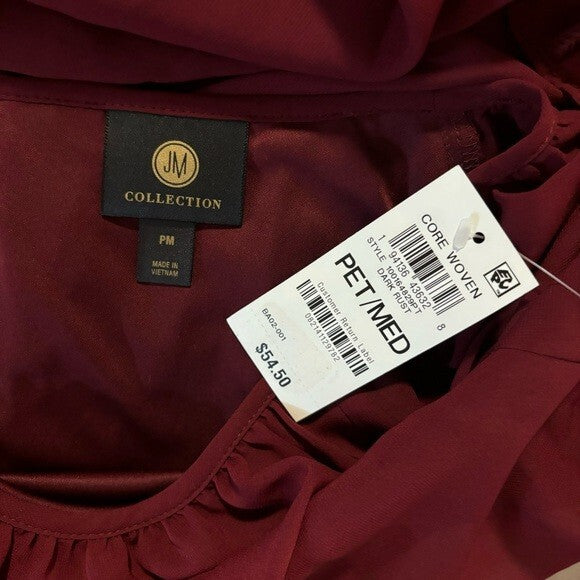 JM Collection Petite Medium Burgundy Tier-Sleeve Top NWT - MISSING NECKLACE