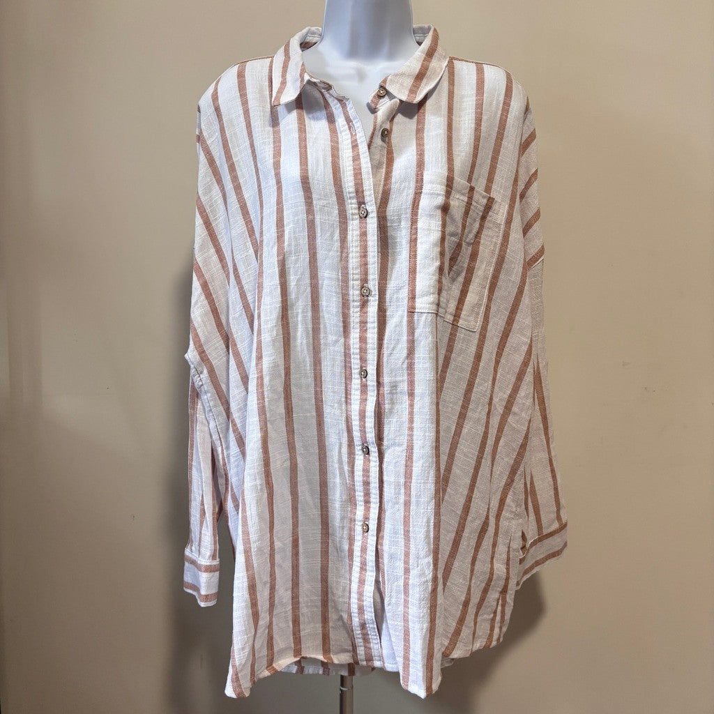 Cotton On Women's Large Brown White Striped Swing Beach Cover Up Shirt NWT