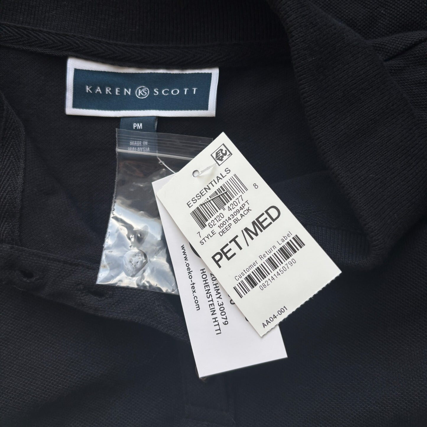 Karen Scott Women's Petite Black Knit 100% Cotton Polo NWT.