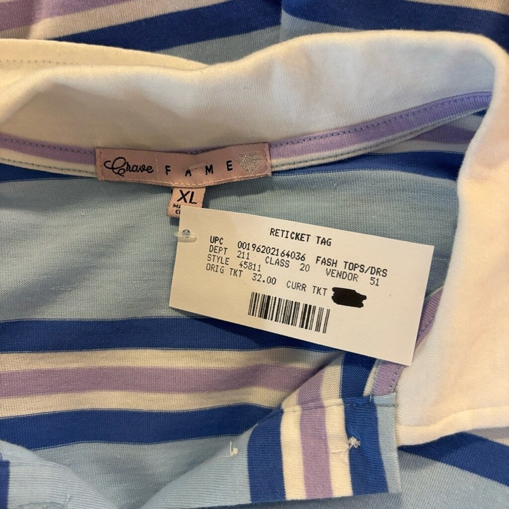 Crave Fame Juniors' Size XL Blue Striped Tie-Hem Long Sleeve Polo Shirt NWT