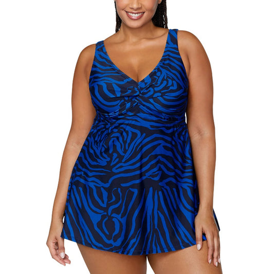 Raisins Curve Plus Size 14W Blue & Black Zebra Print Swimdress One Piece NWT