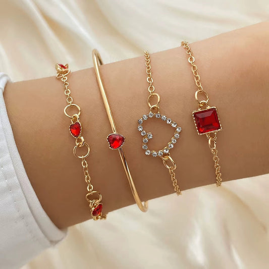 Gold & Red Crystal Stacking Bracelet Set (4 Pieces) NWT