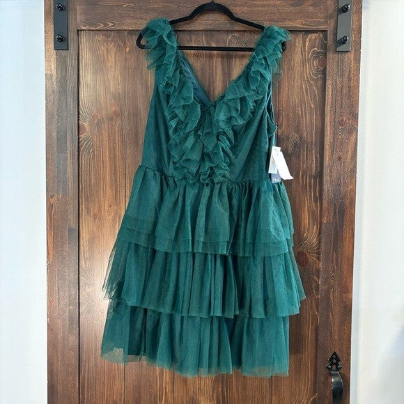 CITY STUDIOS Trendy Plus Size Dark Green Tulle Ruffle Fit & Flare Dress NWT