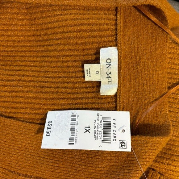 On 34th Plus Size Long Patch Chunky Knit Pocket Pecan Brown Cardigan NWT