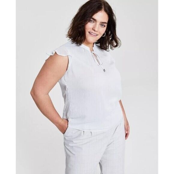 CALVIN KLEIN Plus Size Tie-Neck Ruffle-Sleeve Grey Chiffon Blouse NWT