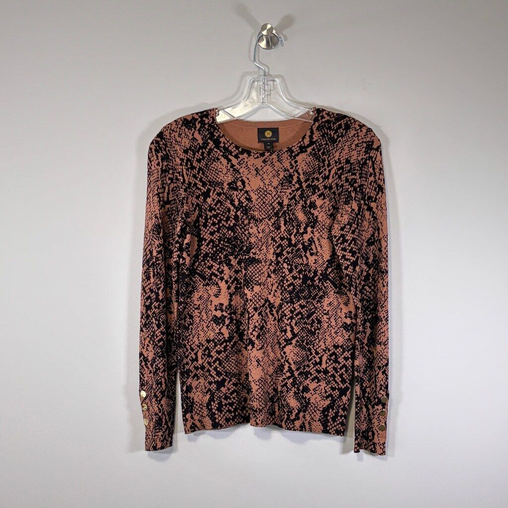 JM Collection Small Petite Brown & Black Python Print Buttoned-Cuff Sweater NWT