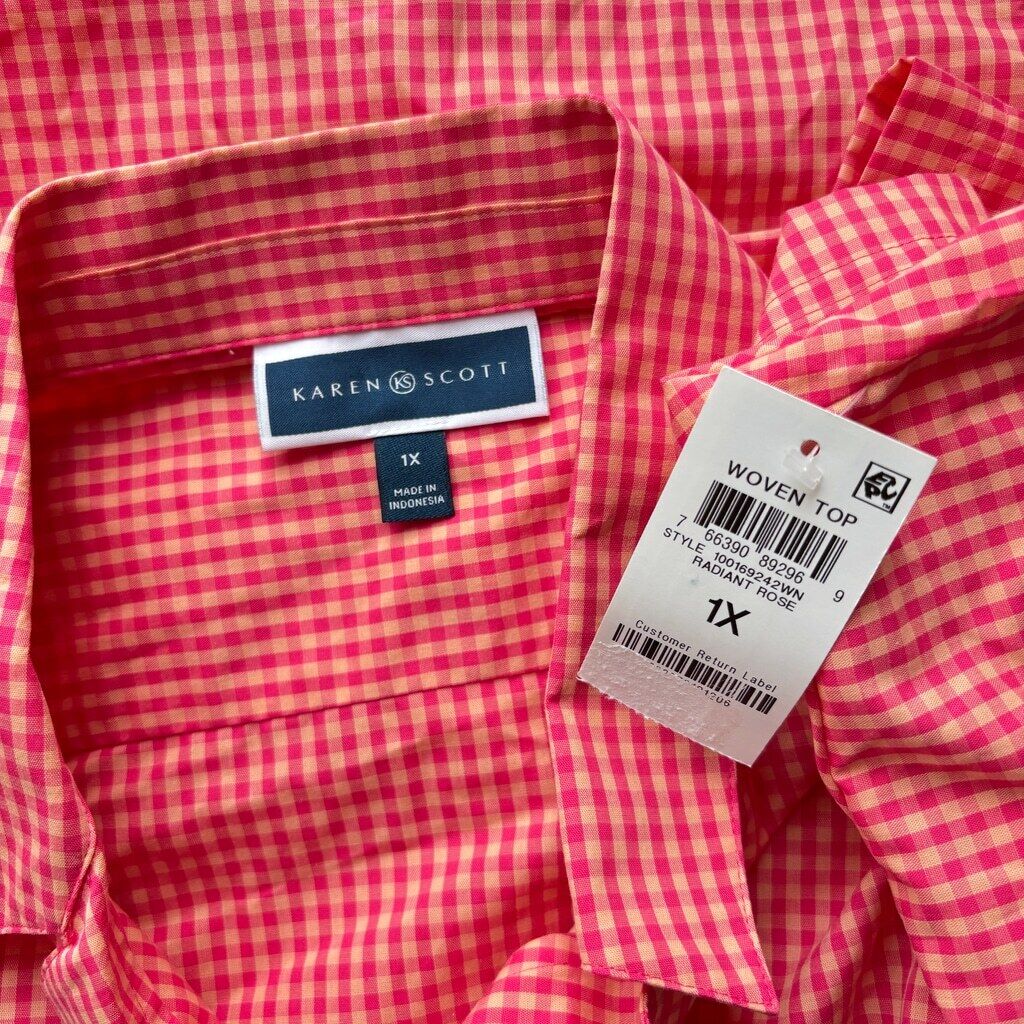 Karen Scott Women's Plus Size Red & Peach Gingham Button-Down Shirt NWT