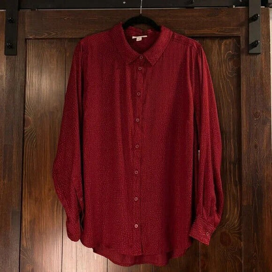 On 34th Plus Size Bright Rhubarb Polka-Dot Satin Jacquard Shirt NWT