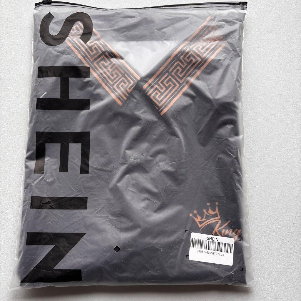 SHEIN Men's Size Large Black King Embroidery Button Short Sleeve Shirt NIB