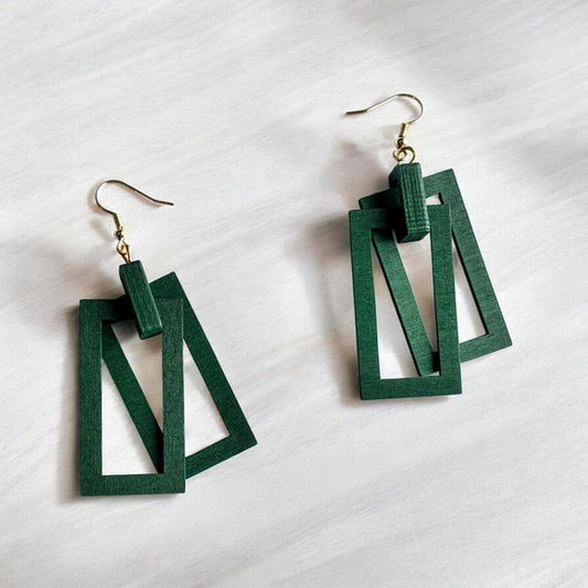 Women's Green Wooden Lightweight Stylish Square Drop Earrings NWT