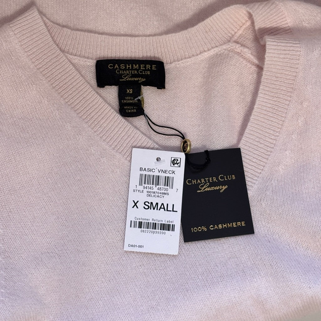 Charter Club 100% Cashmere Size XS V-Neck Sweater Light Pink NWT