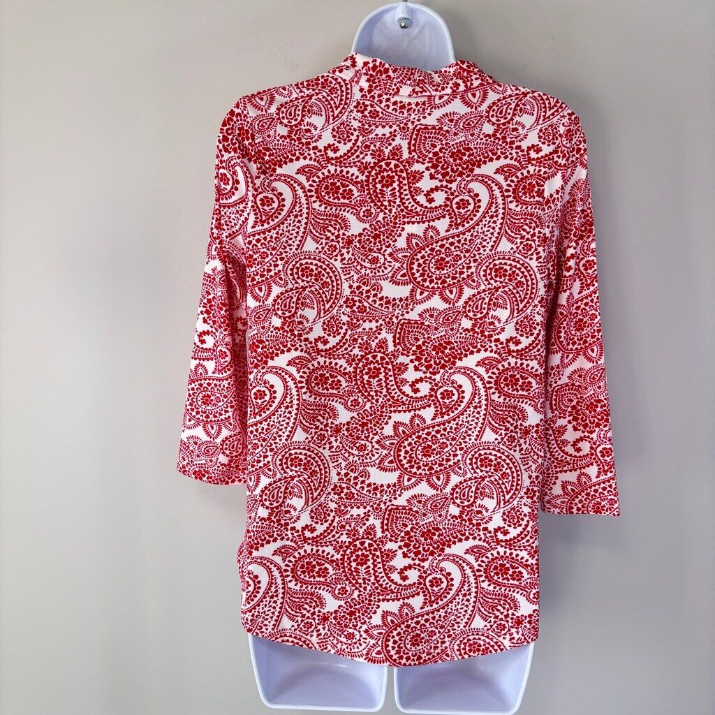 Charter Club Women's Small Petite 3/4 Sleeve Red & White Paisley V-Neck Top NWT